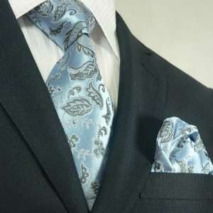 Landisun 73K Light Blue Paisleys Mens Silk Tie Set: Tie+Hanky &Plastic 