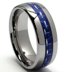   Tungsten Carbide Ring Wedding Band W/ Blue Carbon Fiber Inlay Size 8
