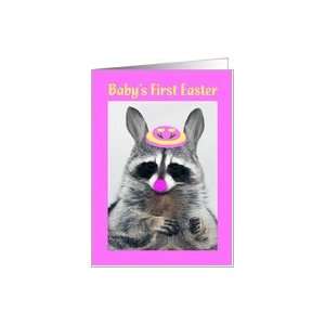 Babys First Easter, raccoon with bunny ears, pink nose and Easter hat 