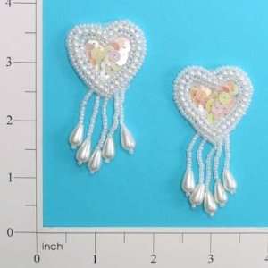  Bridal Sequin Heart with Pearl Dangles Applique Pack of 2 