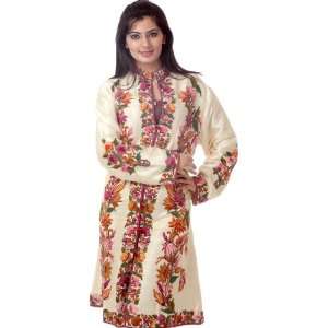 Cream Long Jacket with Hand Embroidered Flowers   Pure 