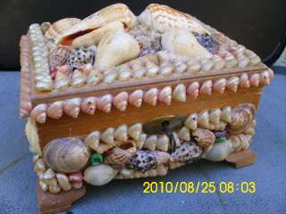 Lovely Vintage Shell Art Trinket Jewelry Box W Key Lock Trinidad 