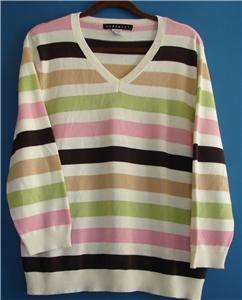Prophecy Off White Pink Striped Cotton V Neck Sweater Womens XL L 
