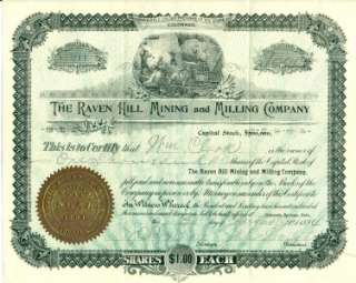 Raven Hill Mining Milling CO Colorado Stock Certificate  