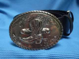 SILVER COWBOY BOOTS SPURS RODEO BUCKLE + LEATHER BELT  