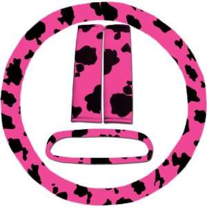  Black and pink cow steering wheel cover, seat belt covers 