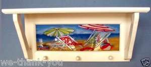 Painted Glass Beach Scene White Wood Shelf With Pegs  