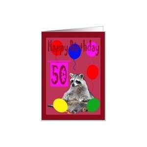  50th Birthday, Raccoon with balloons Card: Toys & Games