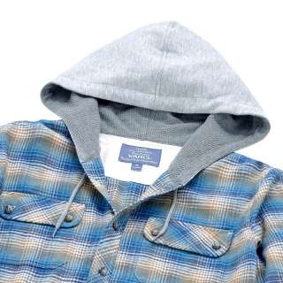 Vancl Waffle Lining Brushed Flannel Hoodie Shirt(Mens) Blue/Khaki 