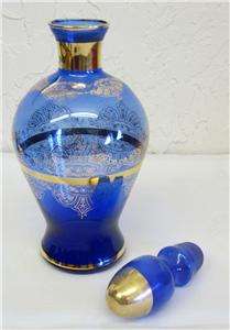 Vintage Blue Glass w Heavy Gold 7 pc Cocktail Pitcher & Goblet Glasses 
