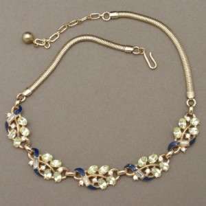 Trifari Necklace Vintage Yellow Blue Clear Rhinestones  