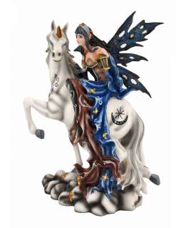 Beautiful Blue Winged Night Fairy W/ White Unicorn Statue  