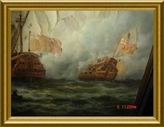 ANTIQUE SIGNED *PONTIER* LARGE! GALLEONS PIRATE SHIPS BATTLE IN THE 