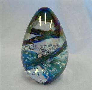 GLASS EGG PAPERWEIGHT SIGNED GES 95 PEACOCK IRRIDESCENT DICHROIC SWIRL 