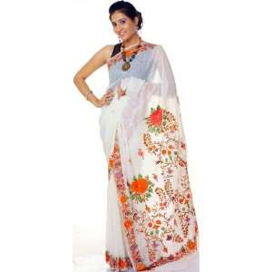  Ivory Floral Sari from Kashmir with Ari Embroidery and 