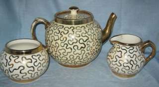 Vintage Sudlows Burslem England Tea Pot Set Gold Squiggles Sugar 