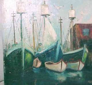 SIGNED MARY BOEHM GLOUCESTER BOATS OIL PAINTING  