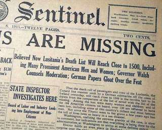 1915 Newspaper RMS LUSITANIA Cunard Line SINKING Sinks 1st Report U 
