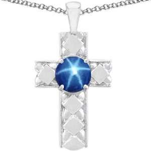   Created Round Star Sapphire Cross Pendant(MetalWhite G Jewelry