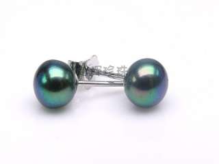 Black green freshwater pearl earring Stud gift box gem  