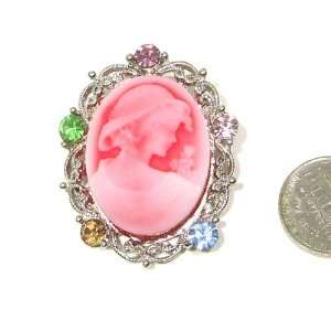   Rhinestone Lady Maiden Pink Cameo Silver Tone Brooch Pin Jewelry