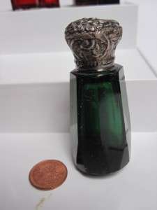 antique EMERALD GREEN PERFUME BOTTLE VICTORIAN WITH ORNATE COVER 