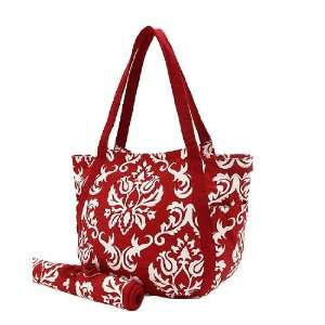   : Red & White Damask Print Extra Large Diaper Bag W/changin Pad: Baby