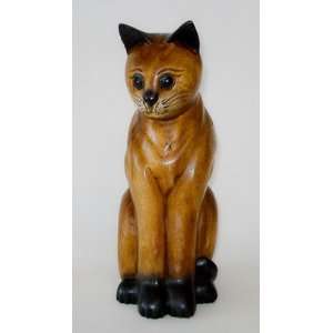  Tall Cat Wooden Sculpture, Brown Hand Carved Rosewood, 11.5 tall 