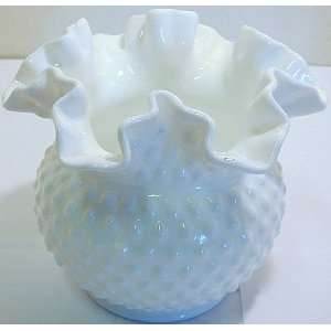 GL192   Fenton hobnail milk glass ruffled vase 
