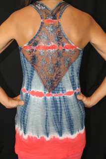NWT Charming Charlie Cotton Tank Top Red Denim Blue Lace Tie Dye 