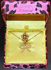 Betsey Johnson NEW Gold Crystal Etched Rose Pearl Bow D