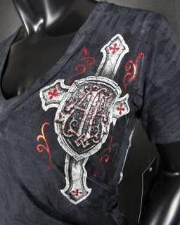 Womens Affliction SINFUL T Shirt V NECK MURAL with STONES  
