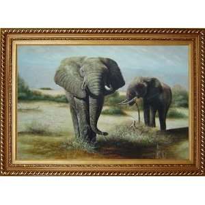  Two African Elephants Eating Grass Oil Painting, with 