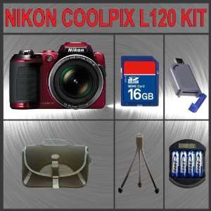  Nikon Coolpix L120 Digital Camera (Red) + Huge Accessories 