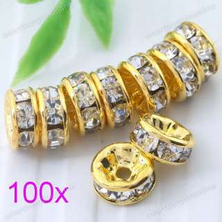 100PC Gold Plated White Crystal Round Spacer Beads Jewelry Making 