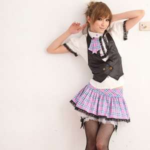 JP Cosplay Sexy lace lavender plaid school girl outfit  
