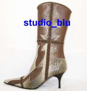 ROBERTO CAVALLI JUST Brown Leather Snake Suede Boots 37 7  