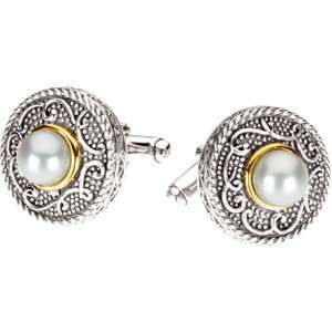 FRESHWATER CULTURED PEARL CUFF LINKS Sterling Silver & 14K Yellow Gold 