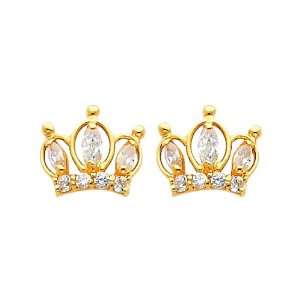  14K Yellow Gold Crown CZ Stud Earrings with Screw back for 