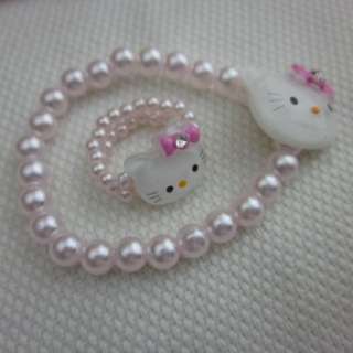 Pop Hellokitty Pearl Necklace Bracelet Bangle Ring Set Kid Girl Nice 