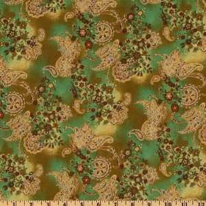  44 Wide Sayan Paisley Floral Green/Gold Fabric By The 