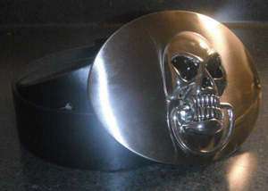 SILVER SKULL SHIELD Buckle with black leather belt NEW  