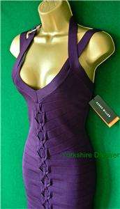 New KAREN MILLEN Purple Stretch BANDAGE Wiggle BodyCon Dress Uk 8 10 