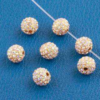   Gold Plated White AB Rhinestone Disco Balls Loose Spacer Beads  