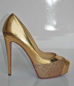 CHRISTIAN LOUBOUTIN Maggie Gold Glitter & Snake Platform Pump Heel 