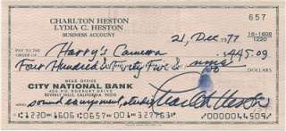 Charlton Heston Hand SIgned Check Autographed In His Entire Hand 