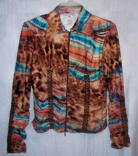   SHIRT TOP Ruched Zipper Brown Tye Dye Look Lace Tan Artsy ~  