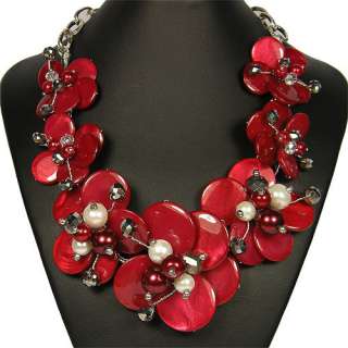 Freshwater Shell & Quartz Flower Statement Necklace Ladies Handmade 