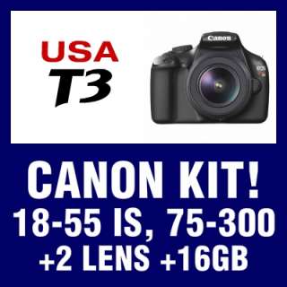 USA Canon Model T3 1100D + 4 Lens 18 55 IS II + 75 300 + 16GB Body 