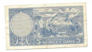 Norway 5 Kroner 1956 F Banknote P 30a  